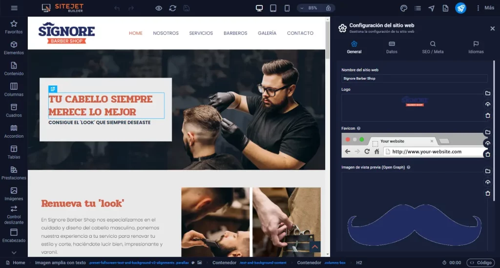 Configuración del sitio web en Sitejet Builder con los campos Logo y Favicon