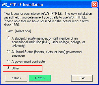 Instalador de WS_FTP LE con la opción Other seleccionada