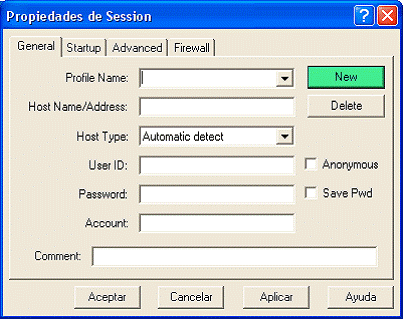 Propiedades de sesión de WS_FTP LE con los campos vacíos y el botón New