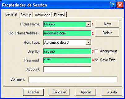 Propiedades de sesión de WS_FTP LE con perfil, dominio, usuario y contraseña