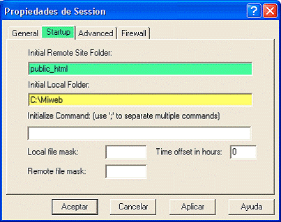 Pestaña Startup de WS_FTP LE con las carpetas remota public_html y local