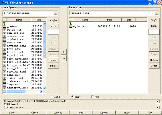 WS_FTP LE conectado: archivos locales a la izquierda y public_html a la derecha