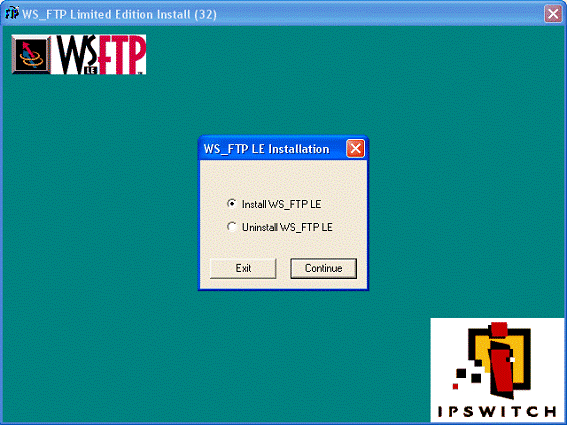 Pantalla inicial del instalador de WS_FTP LE con el botón Continue