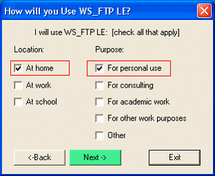 Instalador de WS_FTP LE con las casillas At home y For personal use marcadas