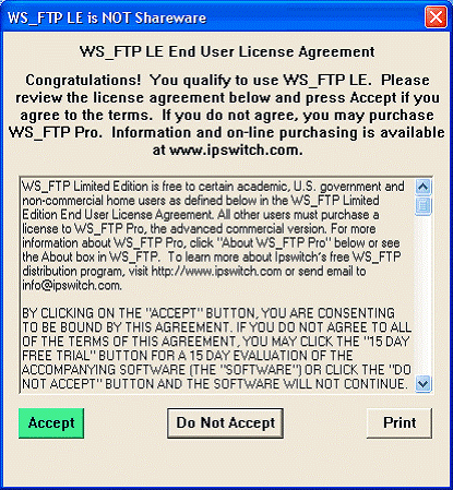Licencia de uso de WS_FTP LE con el botón Accept