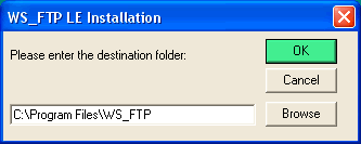 Instalador de WS_FTP LE: carpeta de destino y botón OK