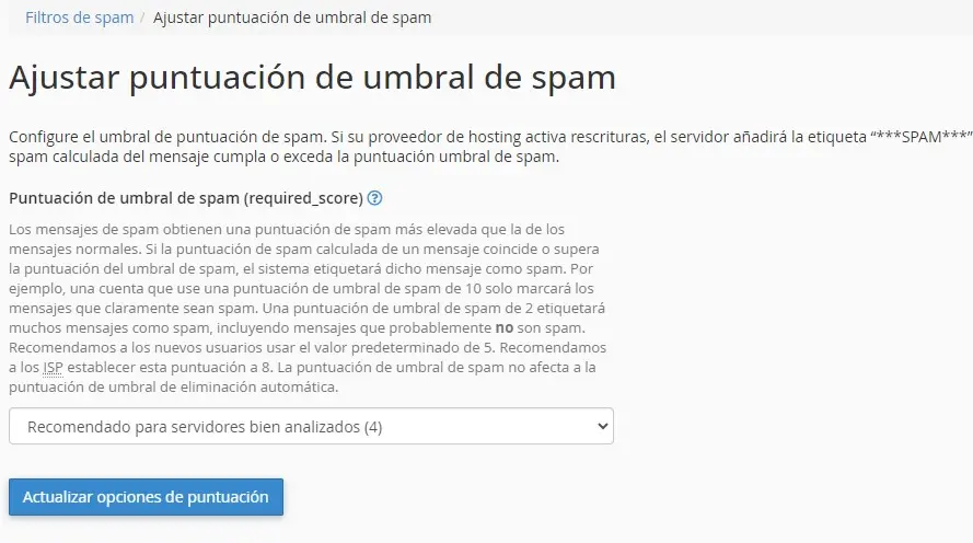 Ajustar puntuación de umbral de spam