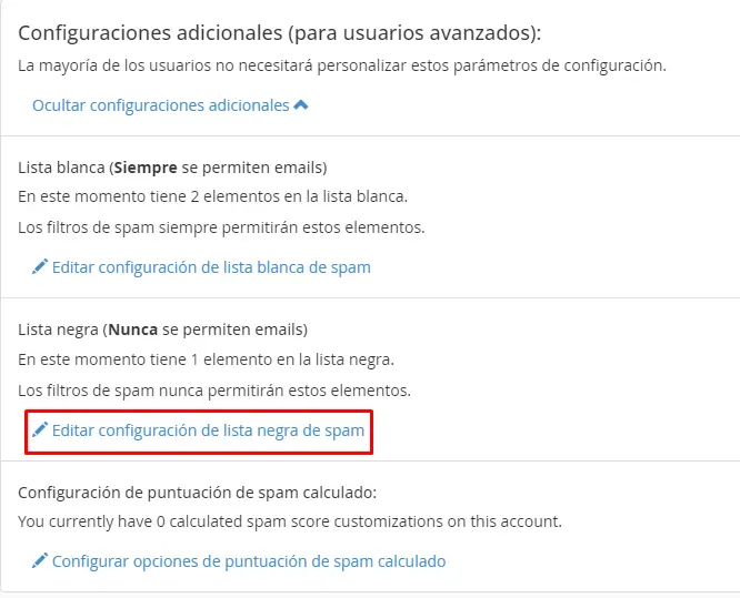 Configuraciones adicionales - Lista Negra