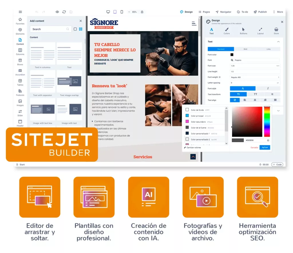 Sitejet Builder, potente creador de páginas web con un editor de diseño web intuitivo, plantillas de páginas web creativas, creación de contenido con IA y herramientas SEO