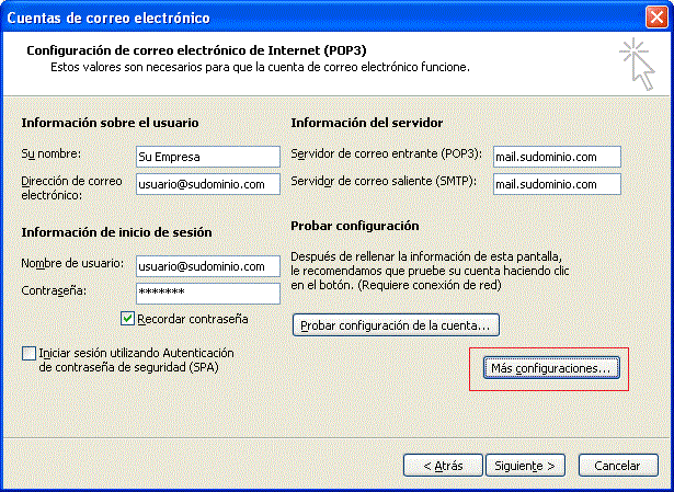 Paso 4 - configurar correo electrónico en Microsoft Outlook 2003