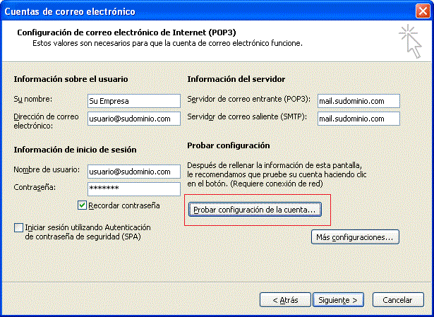 Paso 6 - configurar correo electrónico en Microsoft Outlook 2003