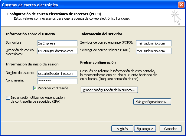 Paso 8 - configurar correo electrónico en Microsoft Outlook 2003