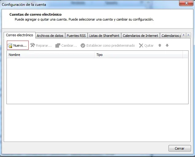Paso 2 - configurar correo electrónico en Microsoft Outlook 2007