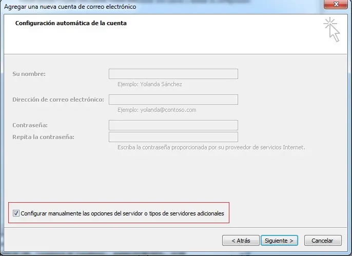 Paso 4 - configurar correo electrónico en Microsoft Outlook 2007