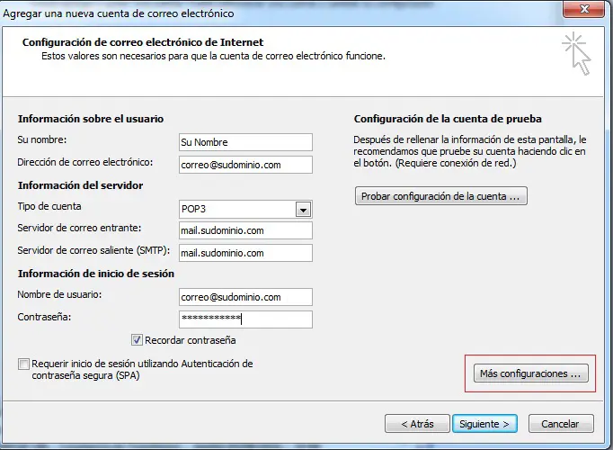 Paso 5 - configurar correo electrónico en Microsoft Outlook 2007